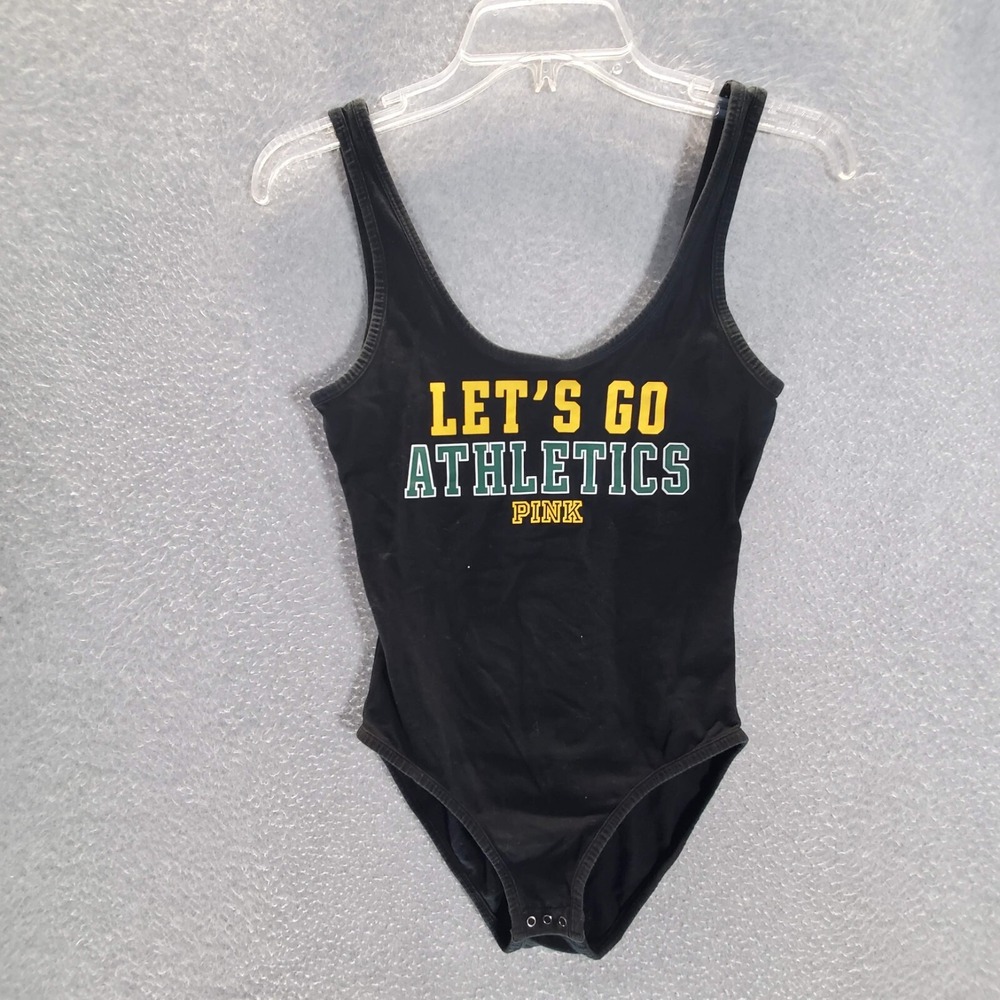Oakland Athletics Women Bodysuit XS Black Victoria's Secret Logo Pink Let's Go